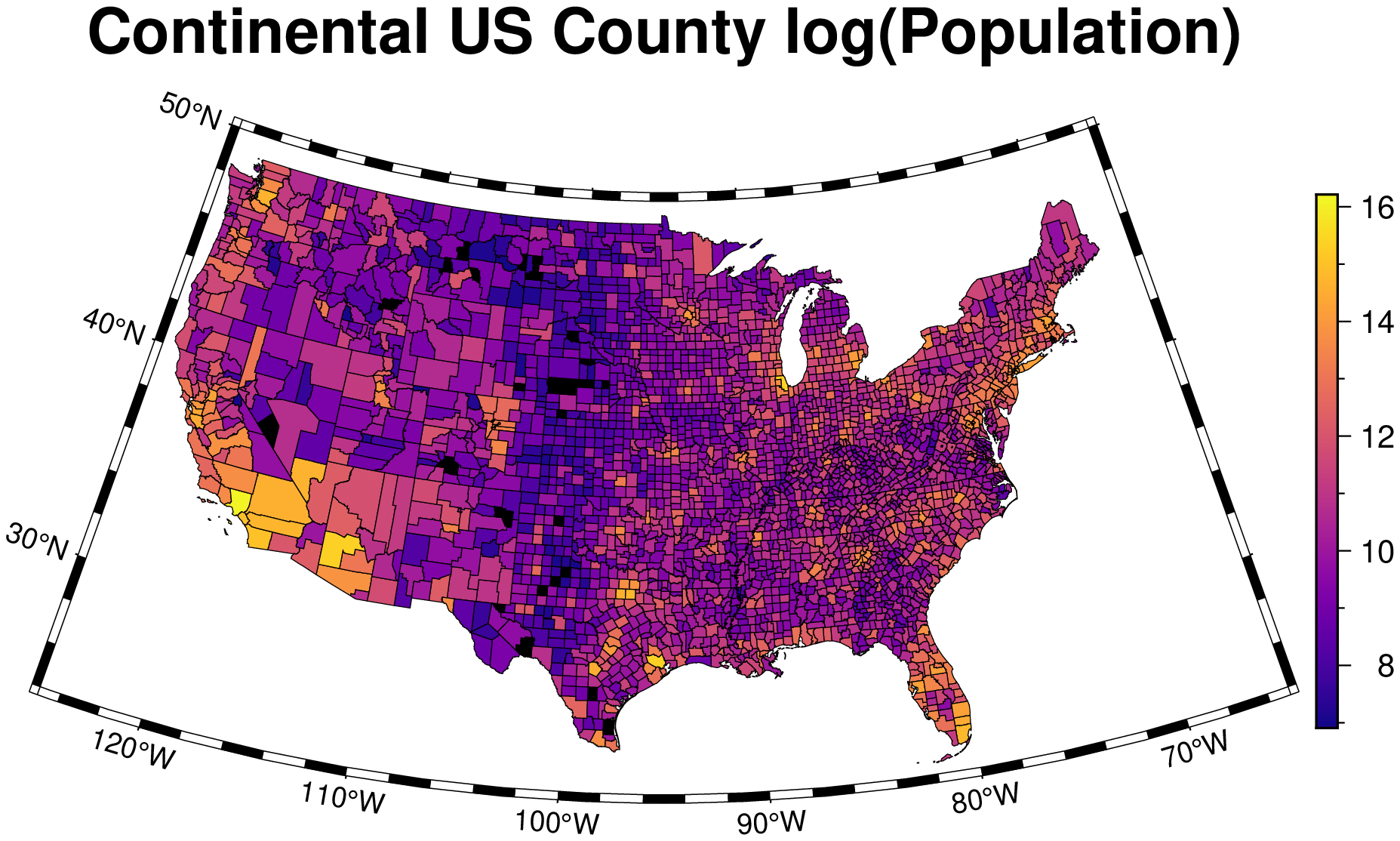 Choropleth of log(population) at county level